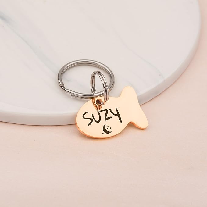 Anavia Small Size Dog Cat ID Tags, Small/XS Personalized Color Plated Stainless Steel Puppy Kitten Name Tags, Customized Engraved Nameplate Pet Collar Tag (Silver, Fish)