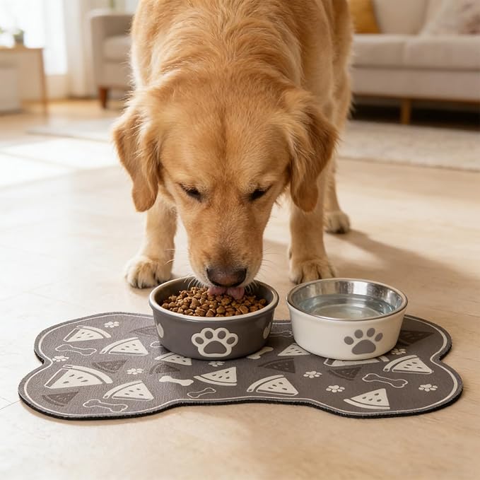 Dog Food Mat, 0.15” Thickened Super Absorbent Pet Feeding Mat for Food and Water, Fruit Donut Pattern Cat Placemat, Quick Dry Non-Slip Dog Bowl Mat, Water Splash Proof(Medium Strawberry Pink)
