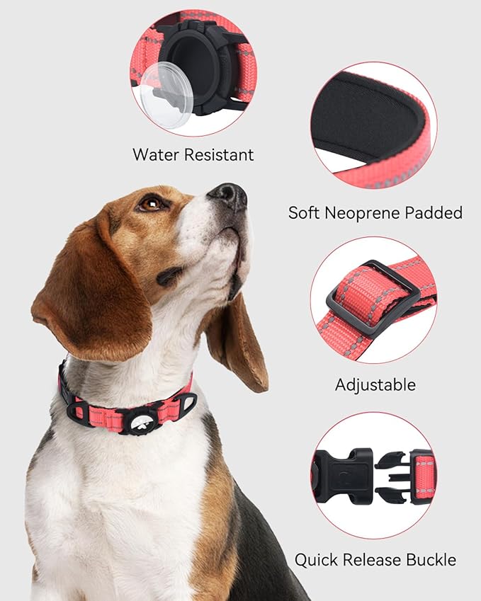 Joytale Airtag Dog Collar, Reflective Pet Collar with Waterproof AirTag Holder, Dual D-Rings, Soft Padded Adjustable for Medium Dogs, Neon Pink, M