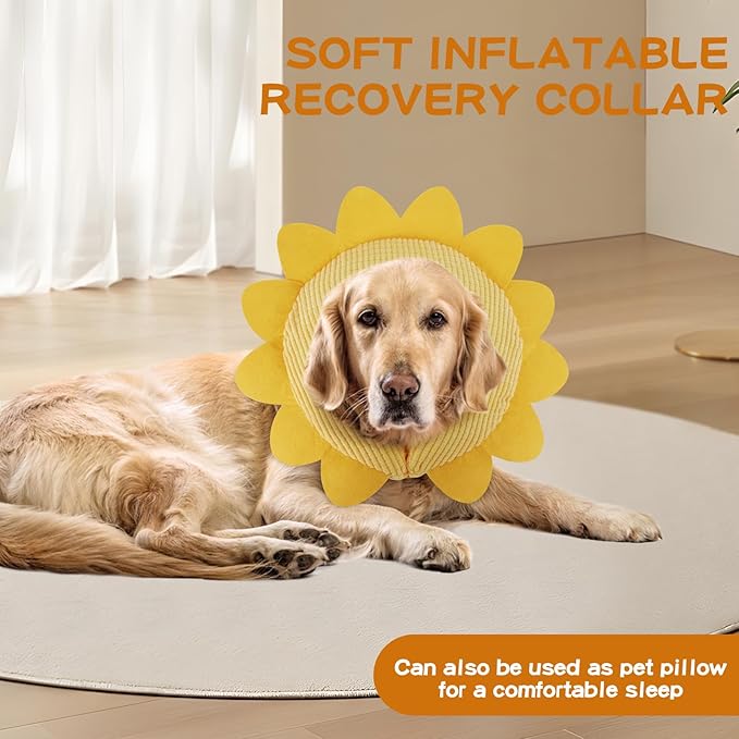 IEUUMLER Inflatable Recovery Dog Collar, Protective Donut Cone, Adjustable Soft Collar for Dog and Cat After Surgery Prevent from Biting & Scratching EU002 - Sunflower M