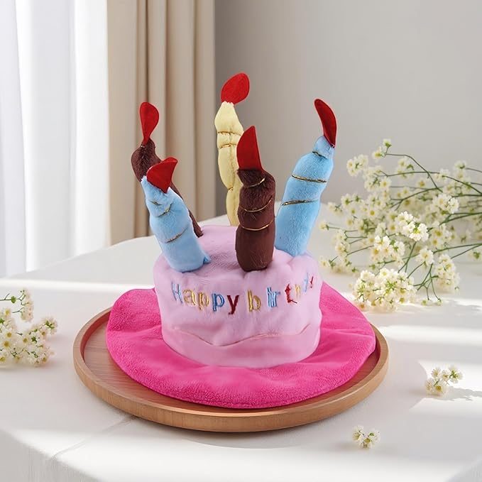 Cute Pet Party Hat for Dogs&Cats - Soft Fluffy Birthday Cap with 5 Color Candles (Blue), Adjustable Strap for Halloween,Costume&Photo Shoots,Fits Small to Large Pets,Washable&Comfortable (Pink)