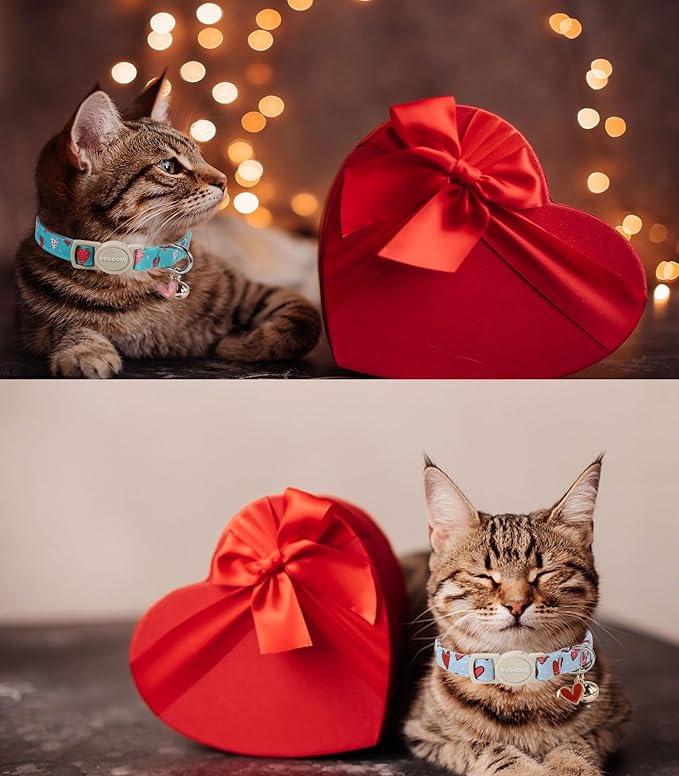 Cat Collar,2 Pack Cat Collars Breakaway with Bell, DOGWONG Safety Buckle Valentine's Day Cat Collar Blue Heart for Girl Boy Cats and Small Dogs,Adjustable 7-12 Inch,Pet Supplies Accessories