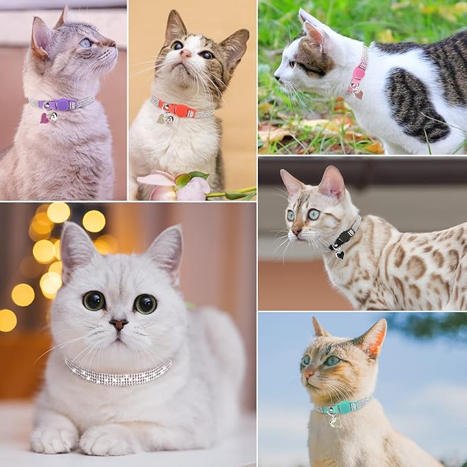 Rhinestone Cat Collar Breakaway with Bell, Diamond Cat Collar with Safety Buckle Quick Release for Girl Boy Small Kitten Pets Puppy,Cute Soft Female Male Cat Collars, Color Orange 8-12"