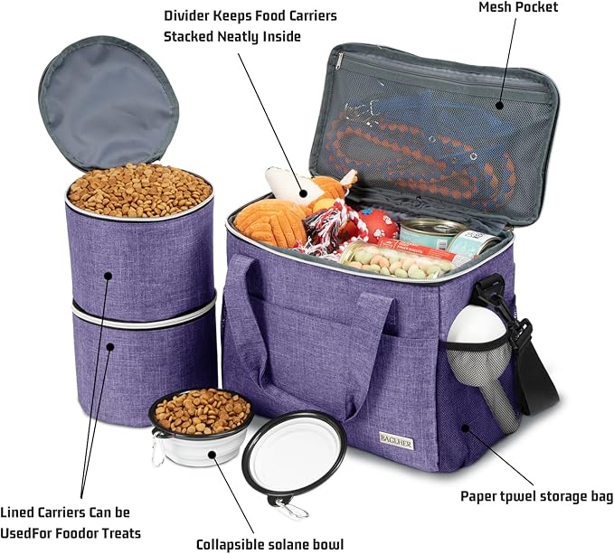 BAGLHER Dog Travel Bag Backpack Pet Supplies Backpack 5-Piece Set with Shoulder Strap 2 Lined Pet Food Containers 4 Foldable Feeding Bowls Essential Kit for Pet Travel