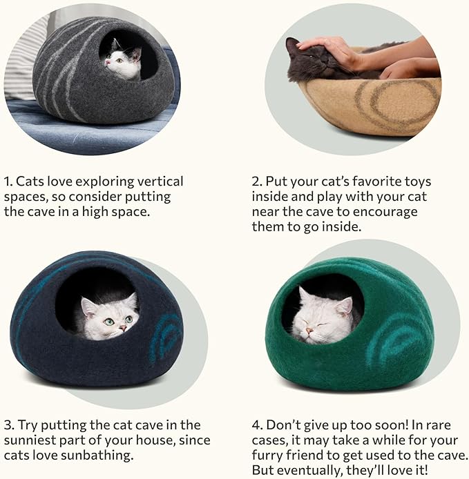 MEOWFIA Cat Cave – Premium Felt Cat Bed for Indoor Cats, Handmade Merino Wool (Aquamarine, Medium)