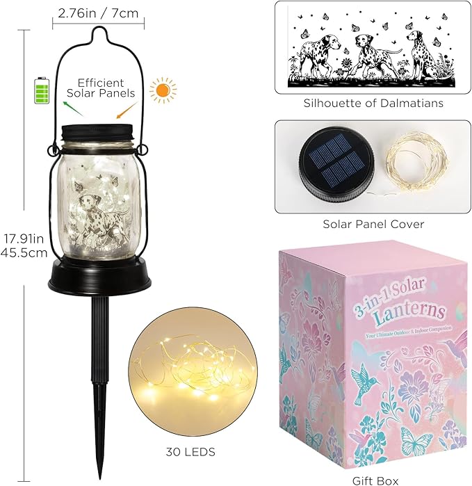 Dalmatian Gifts for Women/Men Dalmatian Solar Lanterns Mom Birthday Spotted Dog Lovers Lantern Pet Loss Firehouse Dog Memorial Lights Solar Garden Decoration for Yard, Patio,Backyard,Porch Torches