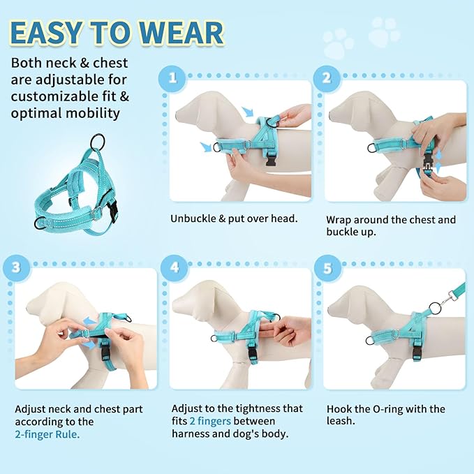 SlowTon No Pull Small Dog Harness and Leash Set, Puppy Soft Vest Harness Neck & Chest Adjustable, Reflective Lightweight Harness & Anti-Twist Pet Lead Combo for Small Medium Dogs (BL-Front Clip,XS)