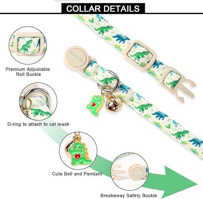 Lionet Paws 2pcs Pack Cotton Cat Collars,Breakaway Buckle with Floral and Dinosaur Pattern, Cute Adjustable Cat Flower Collar