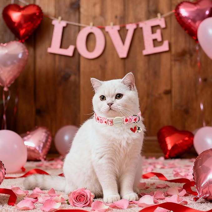 Valentine's Day Cat Collar,2 Pack Cat Collars Breakaway with Bell, DOGWONG Safety Buckle Cat Collar Blue Heart for Girl Boy Cats and Small Dogs,Adjustable 7-12 Inch,Pet Supplies Accessories