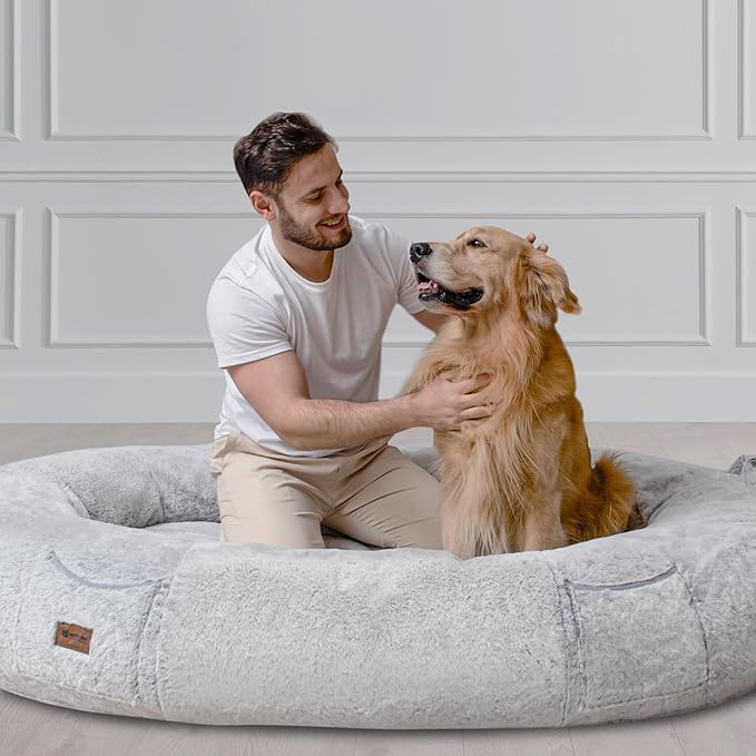 Human Dog Bed for Adults, 74"x50"x12" Giant Memory Foam Bed for Ultimate Comfort, Waterproof & Machine Washable Cover with Storage Pocket, Ideal for Sleep and Nap, Light Grey