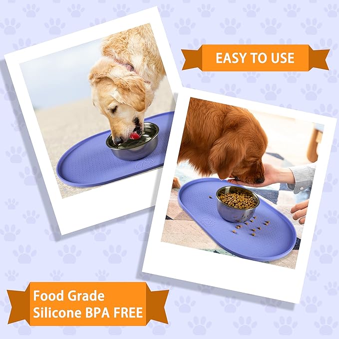 100% Waterproof 0.5" Raised Edge BPA Free Silicone Dog Food Mat, Pet Cat Feeding Mats Contain Spills Protects Floors, Placemats for Cats and Dogs Water Bowl Dishwasher. (Large/XL, Purple)