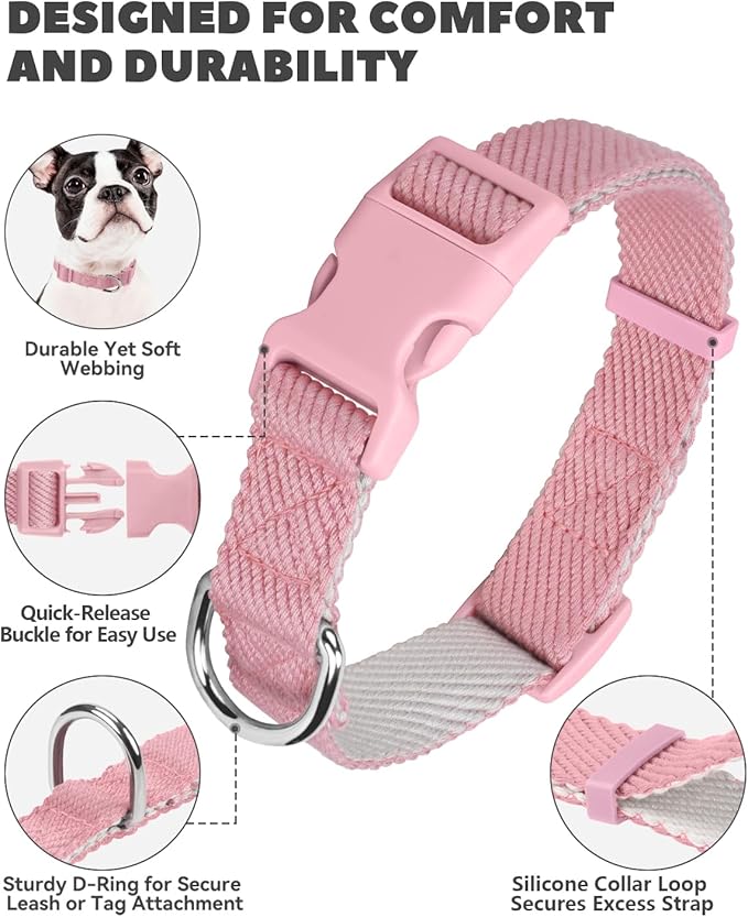 Dynmeow Soft and Breathable Cotton Dog Collar, Durable Adjustable Heavy-Duty Female Girl Pet Collar with Quick-Release Buckle, Lightweight for Sensitive Skin for Large Dogs, Pink, L