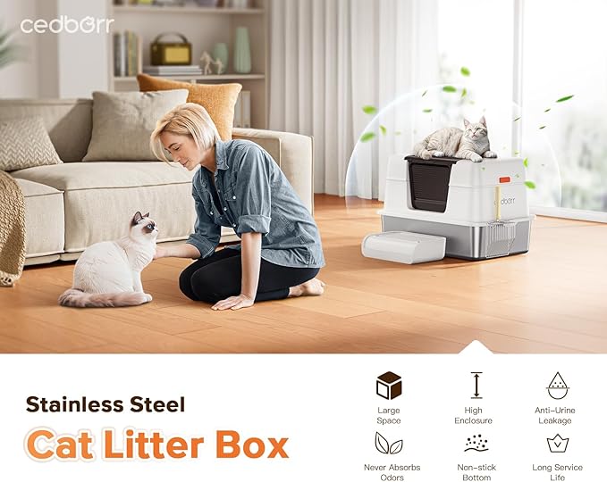 Stainless Steel Cat Litter Box with Lid,Large Enclosed High Side Metal Cat Litter Box with Pedals Suitable for Big Cats,Non-Sticky,Odor-Free,Easy to Clean ,Anti-Leakage(Silver)
