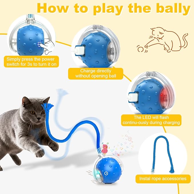 Interactive Cat Toys Ball for indoor Cats&Dog,Automatic Cat Toy with Smart Obstacle Avoidance,Bird Chirps & Auto Wake-Up,Includes 4 Cat Spiral Spring,Cat Enrichment Toys for Indoor Cats(Blue)
