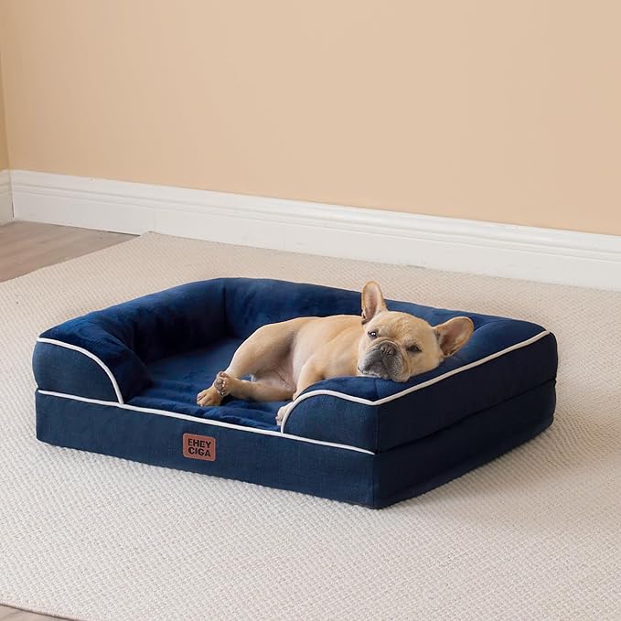 EHEYCIGA Orthopedic Dog Bed for Small Dogs, Waterproof Memory Foam Small Dog Beds with Sides, Non-Slip Bottom and Egg-Crate Foam Medium Pet Couch Bed with Washable Removable Cover, Navy