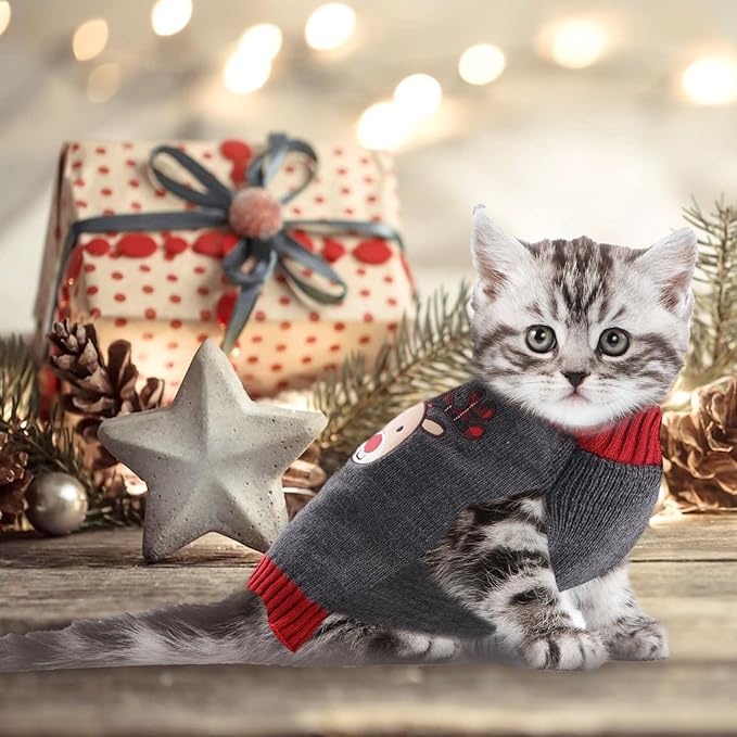 Dog Christmas Sweater Xmas Pet Clothes Cute Gray Reindeer Holiday Puppy Cat Costume New Year Gifts for Small Medium Large Dogs Jumpers (L, Gray Reindeer)