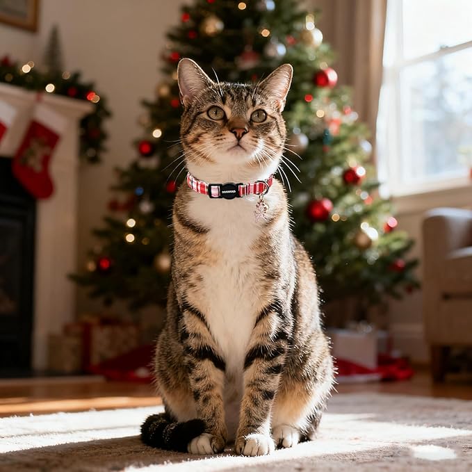 2 Pack Christmas Plaid Cat Collars Breakaway with Bell, DOGWONG Safety Buckle Red Plaid Cute Cat Collar for Girl Boy Cats,Adjustable 7-12 Inch