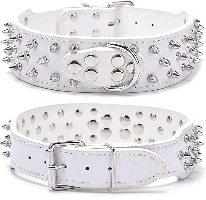 Serijoars Spiked Studded Dog Collar, PU Leather Dog Collar, Adjustable Pet Collars for Medium or Large Breed Pet (L, White1)