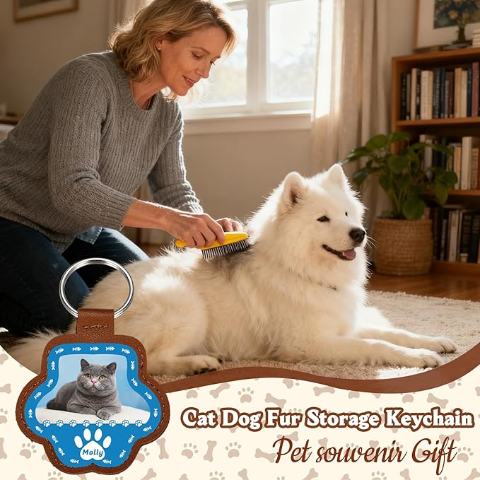 Custom Leather Pet Fur Keychain – Personalized Memorial Keepsake Keyring for Friend, Dog Cat Hair Sympathy Gifts