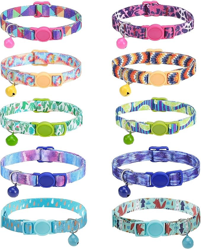 SOLMOONY Cute Cat Collar for Girl Boy,Colorful Breakaway Cat Collars with Bell 2 Pack,Adjustable Printed Nylon with Safety Buckles Kitten Collar (Leopard Print)