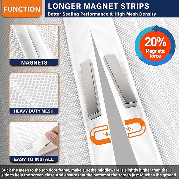 Magnetic Screen Door,Screen Door Mesh,Keep Bugs Out, Heavy-Duty Mesh Curtain,Pet and Kid Friendly, Works with Front Doors, Sliding Doors(38x82 Inch White