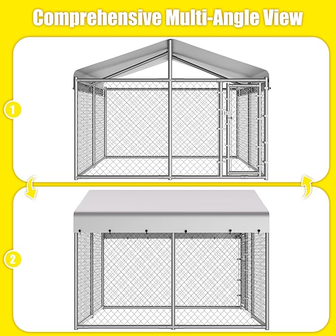 10 x 10 x 6 ft Outside Dog Kennel Outdoor Large with Roof, Enclosure with Roof, Outdoor Heavy Duty Dog Run Pens House Pet Playpen with Galvanized Chain Link