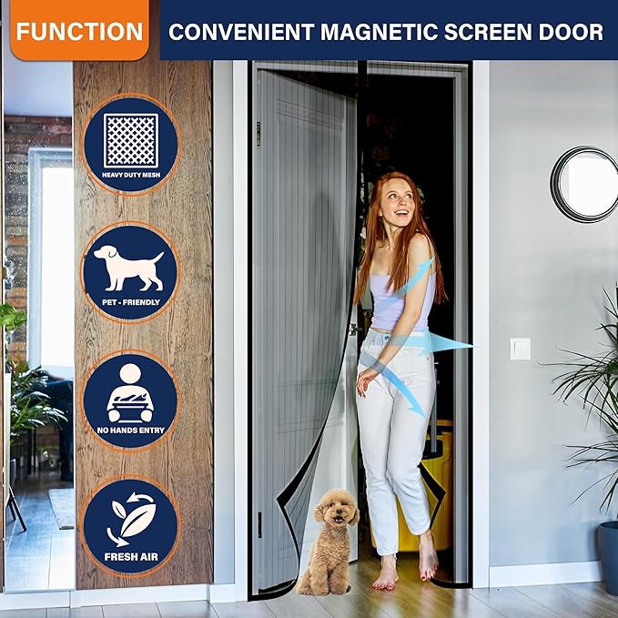 Magnetic Screen Door, Keep Bugs Out, Pet & Kid Friendly,Works with Front Doors, Sliding Doors,Fit Door Size 34 x 78 Inches Black