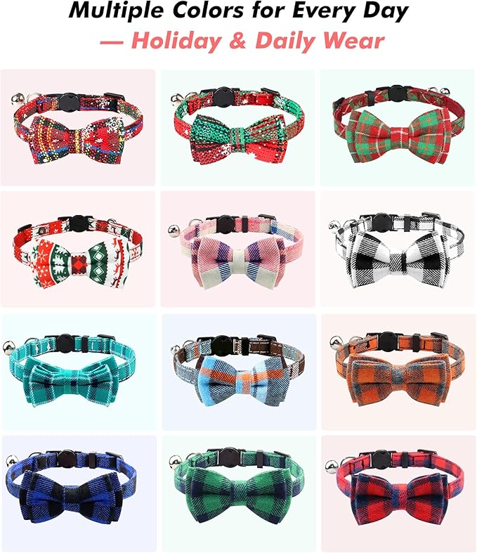 Joytale Upgraded Cat Collar with Bells, Breakaway Cat Collars with Bow Tie, 1 Pack Girl Boy Safety Plaid Kitten Collars, Haze Blue