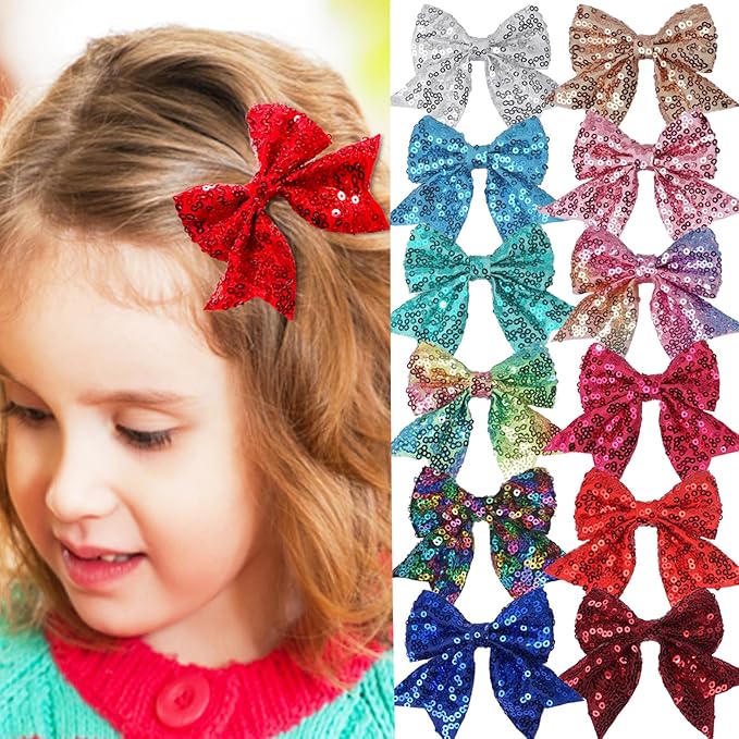 3-inch Sequined Bow Hair Clips For Baby Girls, Toddler, Kids and Young Women Birthday Party Wedding Christmas Occasions Pet Accessories Set of 2 (Pink)