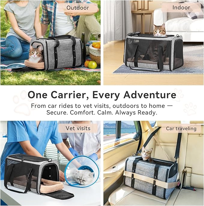 PETSFIT Large Cat Car Carrier with Patented Safety Buckles(19 x 12 x 12) β Roomy Escape-Proof for Safe Driving, Lockable Zippers & Safety Tether, Soft-Sided Travel Carrier for Road Trips & Vet Visits