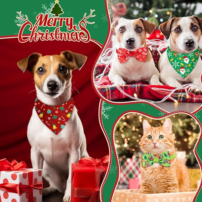 Sanwuta 50 Pcs Christmas Dog Bandanas and Collar Bow Ties Set 25 Bandanas Bulk 25 Xmas Charm Dog Collar Pet Triangle Pet Scarf Bowtie for Small Medium Large Holiday Costume