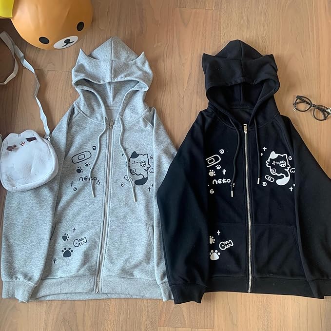 Womens Y2K Zip Up Cute Graphic Hoodies Cat Ears Casual Cartoon Harajuku Kawaii Clothes Oversize Streetwear Jacket