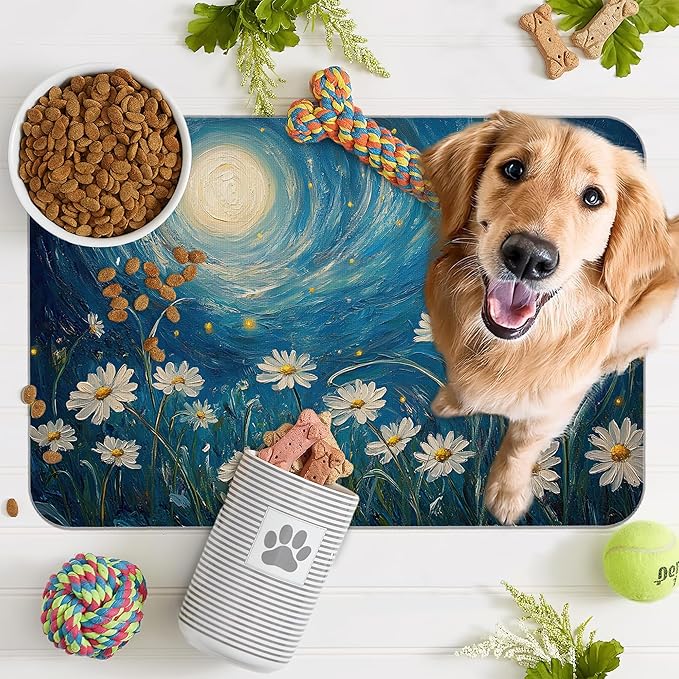 Starry Night Pet Feeding Mat,Moon Daisy Flower Absorbent Quick-Dry Cat Dog Food and Water Bowl Mats,Non-Slip Rubber Backing Mat,Cat Dog Accessories Supplies 16"x24"