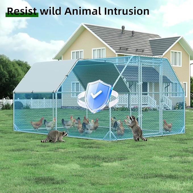 Large Metal Chicken Coop, Walk-in Chicken Run with Reinforced Wire Mesh, Water-Resistant & Anti-UV Cover, Poultry Cage for Hens, Ducks and Rabbits, Outdoor Backyard Farm Pen(9.2’Lx12.47’Wx6.4’H)