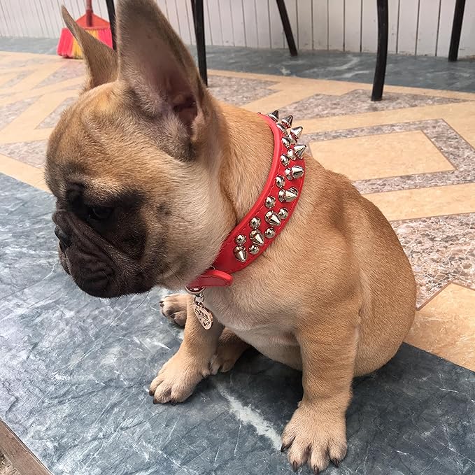 TEEMERRYCA Adjustable Microfiber Leather Spiked Studded Dog Collars with a Squeak Ball Gift for Small Medium Large Pets Like Cats/Pit Bull/Bulldog/Pugs/Husky, Red, L(15"-18.5")