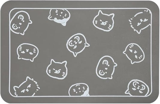 YCT Cat Food Mat, Cat Mat for Food and Water, Pet Feeding Mat, Non-Slip Super Absorbent, with Multiple cat Heads Logo, 24 x 16.9 inches, Light Grey