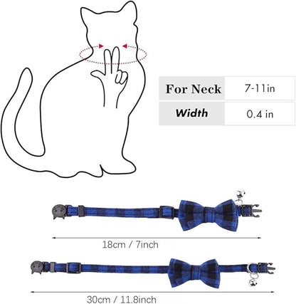 Blue Plaid Bow Dog Collar with Bell, Breakaway Cat Bell Collar with Bowtie Christmas Puppy Collars Boy for XXS Xs Small Tiny Little Pet Dogs Male Kitten, for Hoilday Birthday Party