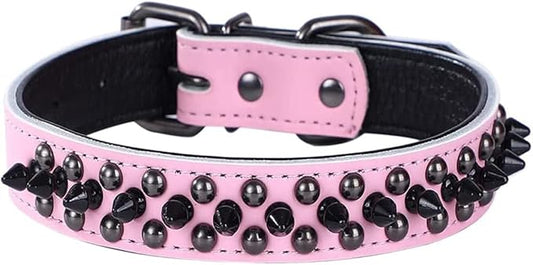 Spiked Studded Dog Collar, Genuine Leather Dog Collar, Adjustable Pet Collars for Medium Large Bulldog Pitbull Mastiff Poodle Boxer (S:27-33cm, Pink-1)