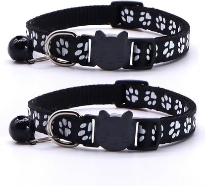 Reflective Cat Collars Breakaway with Bell 2-Pack Girl Boy Pet Kitten Collar with Star Moon Patetrn Adjustable 7.5-12.5 Inch (Black)
