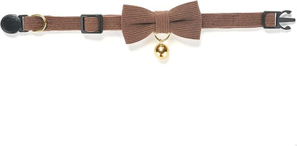 Soft Corduroy Cat Collar with Bell and Bowtie, Safety Breakaway Clasp, Adjustable for Kitten and Cats Brown Color.