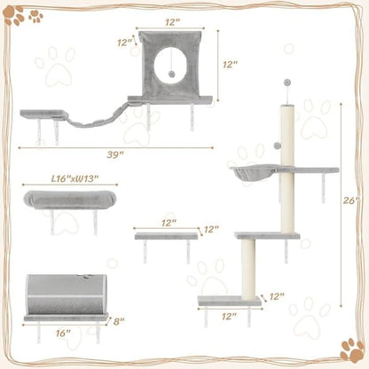 7-in-1 Cat Wall Shelves, Wall Mounted Cat Climber Set, Cat Furniture with House, Tunnel, Bridge, Steps, Scratcher, Hammock, Shelves for Indoor, Gray