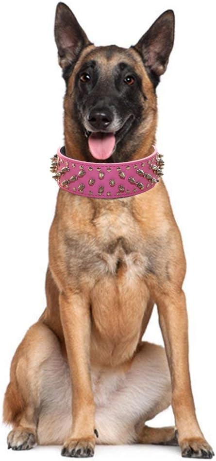 Serijoars Spiked Studded Dog Collar, PU Leather Dog Collar, Adjustable Pet Collars for Medium or Large Breed Pet (L, White)