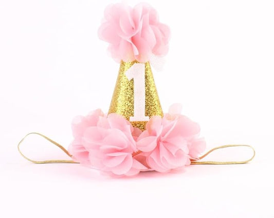 Stock Show 1st Pet Birthday Cone Hat Dogs Cats Holiday Party Hat Headwear Costume with Flowers Accessories and Adjustable Headband for Small Medium Dogs Cats Pets Baby (Pink