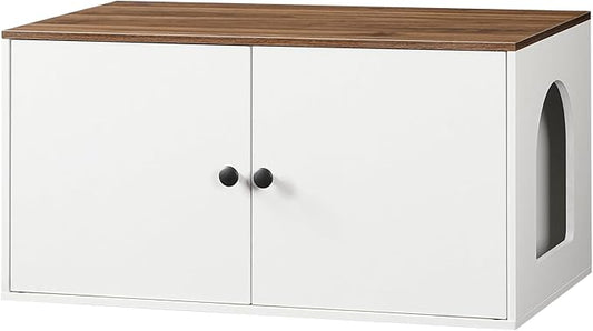 HOOBRO Cat Litter Box Enclosure, Hidden Litter Box Furniture with Side Entry, Litter Box Cabinet, Indoor Cat House, End Side Table, 31.5" L x 17.7" W x 16.3H, for Bathroom, White and Walnut WH40MW01