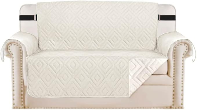 H.VERSAILTEX Reversible Loveseat Cover Furniture Protector Anti-Slip Water Resistant 2" Elastic Straps Couch Covers Pets Kids Fit Sitting Width Up to 54"(Oversized Loveseat: 75" x 98", Ivory/Beige)
