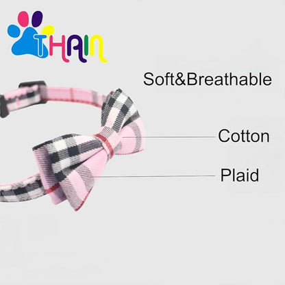 THAIN Cat Collar Breakaway with Bell and Bow Tie Safety Buckle Pink Plaid Pattern Adjustable 7-11 inches for Kitten Cats(Pink Plaid)