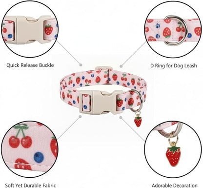 Pink Dog Collar, Girl Dog Collar for Small Dogs, Spring Summer Puppy Collar with Cute Strawberry, Cherry and Blueberry Print, Soft Adjustable Collars for Girls Boys Dogs, S