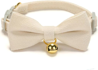 Soft Corduroy Cat Collar, Plaid Pattern, with Bell and Bowtie, Quick Release,Safety Breakaway Clasp, Adjustable for Kitten and Cats.(White+Green)