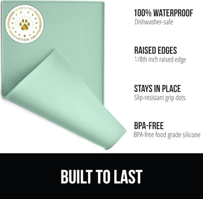 GORILLA GRIP 100% Waterproof Raised Edge BPA Free Silicone Pet Feeding Mat, Dog Cat Food Mats Contain Spills Protects Floors, Placemats for Cats and Dogs Water Bowl, Pets Accessories 16x10, Mint