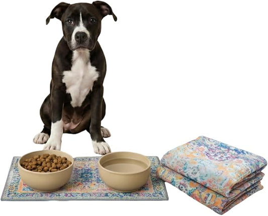 LOVEWAG Waterproof 2-Pack Pet Feeding Mats - 16" x 24" Premium Cat & Dog Food Mat - Non-Slip, Machine Washable Food Mat Protects Floors & Contains Water Bowl Spills - Place Mats (Marmalade Sunshine)
